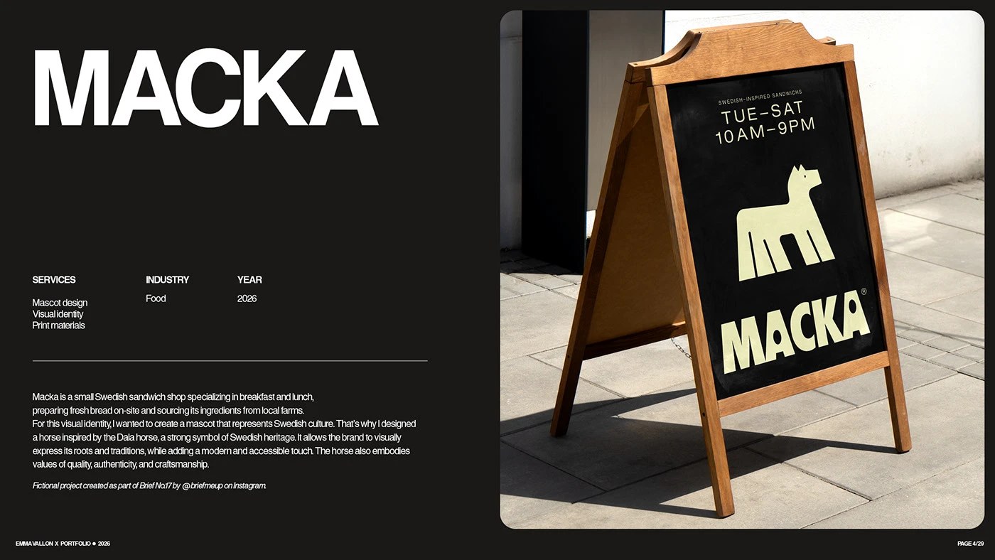 MACKA Swedish sandwich shop freelance branding design: 'MACKA' in white extended sans on black; A-frame sidewalk sign with geometric Dala horse mascot and wordmark in cream on black, photographed in sunlight