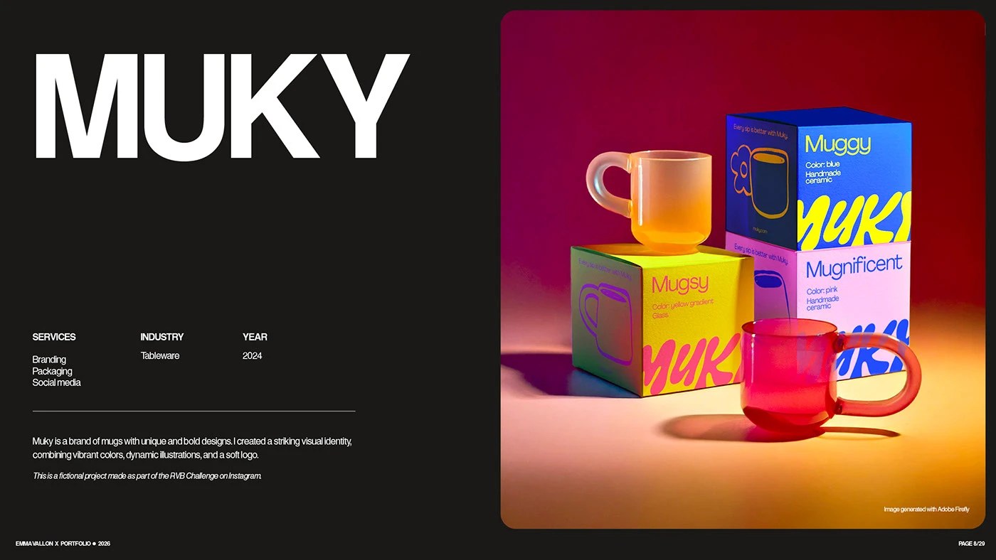 MUKY tableware freelance branding portfolio design: 'MUKY' in heavy black extended sans; glass mugs in amber, red, and gradient tones beside blue and yellow packaging boxes against a magenta-to-amber studio background