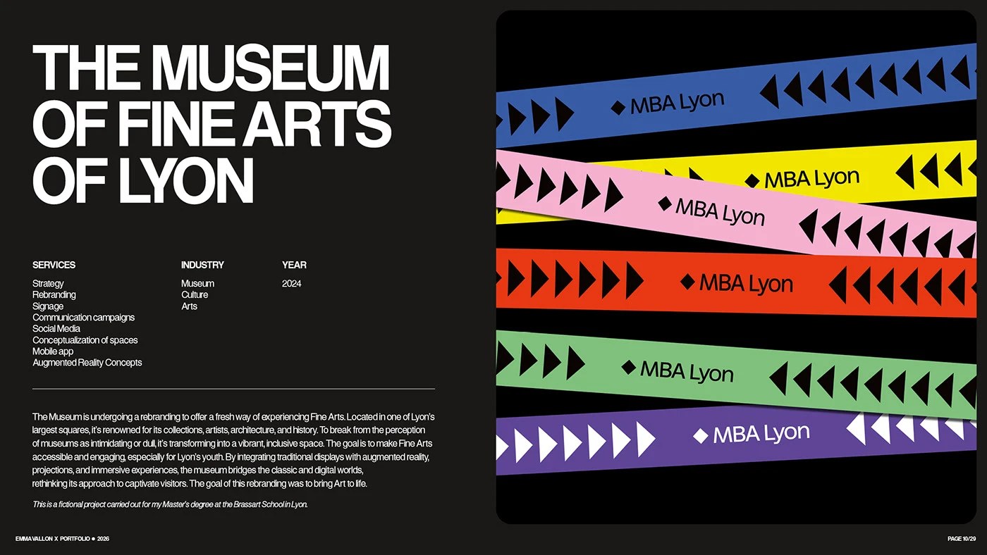 Museum of Fine Arts of Lyon freelance branding design: white bold type on black; stacked wristbands in blue, yellow, pink, red, green, and purple each printed with black arrow chevrons and the MBA Lyon wordmark