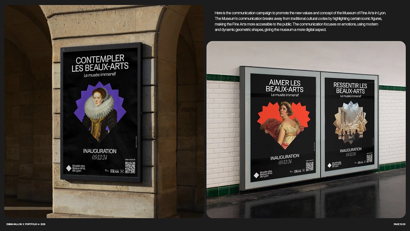 MBA Lyon freelance branding portfolio design metro poster campaign: French lightbox posters reading 'CONTEMPLER LES BEAUX-ARTS' pairing classical portraiture with the bold MBA Lyon visual identity