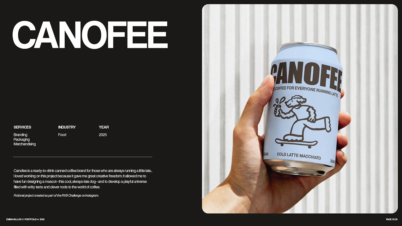 Canofee ready-to-drink coffee freelance branding portfolio design: pale blue aluminum can held in hand with a line-drawn skateboarding dog mascot and oversized 'CANOFEE' grotesque wordmark