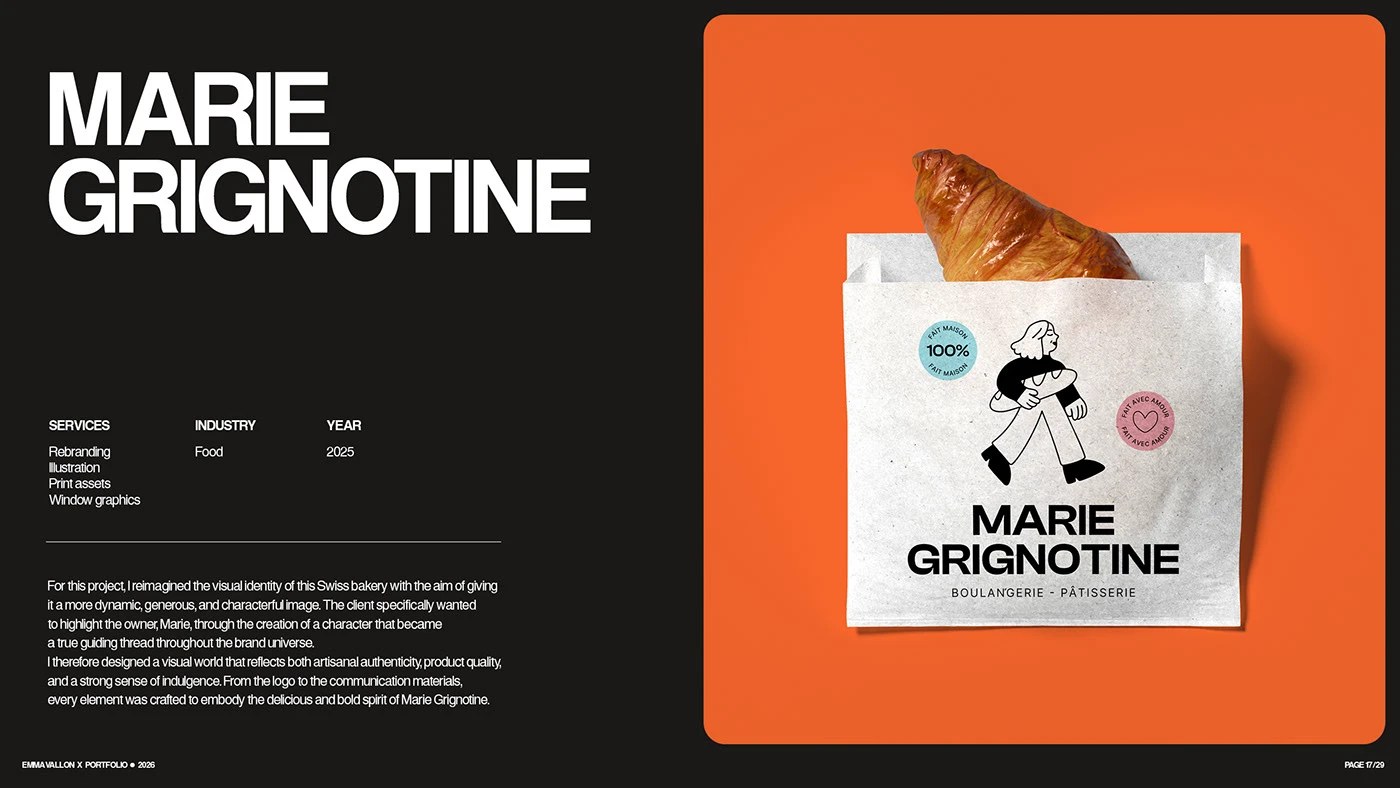Marie Grignotine Swiss bakery freelance branding design: kraft paper sandwich bag with line-drawn character mascot and a croissant above, photographed against the same burnt-orange background as the portfolio cover
