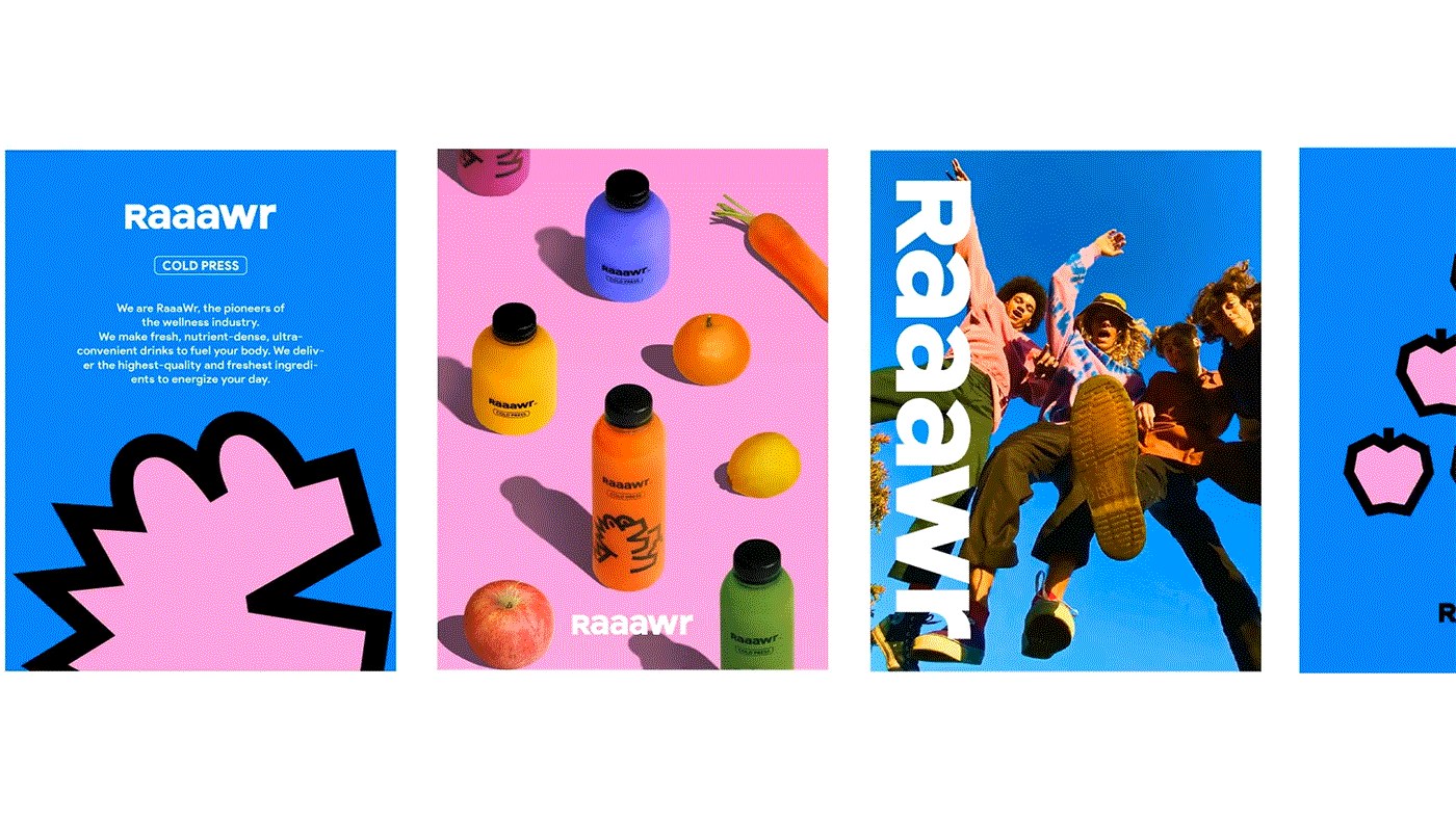 Raaawr Brand Design physical merchandise and retail pop-up store — cold-pressed juice brand by lin soso
