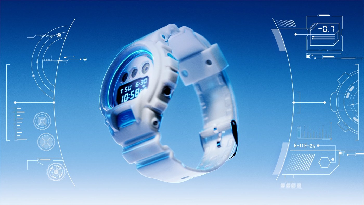 CGI product visualization design of a translucent watch against a blue gradient with HUD graphics