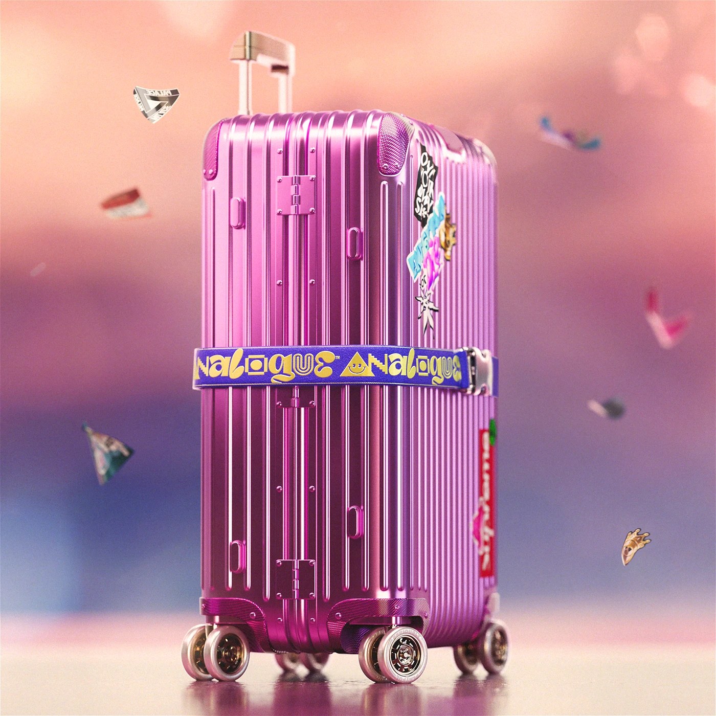 CGI product visualization design of a metallic pink suitcase with custom typography strap
