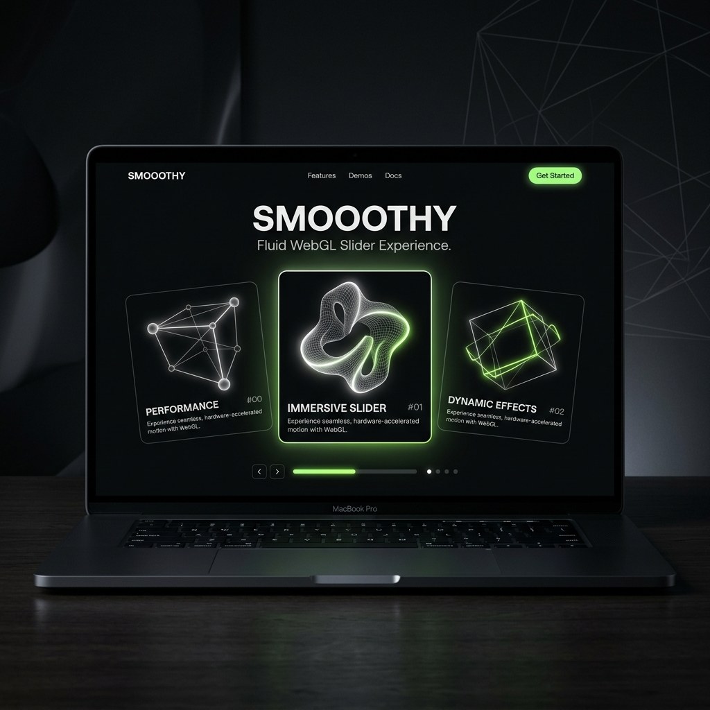 Smooothy slider main WebGL interactive interface mockup in dark mode showing smooth 3D shape — graphic design by Federico Valla