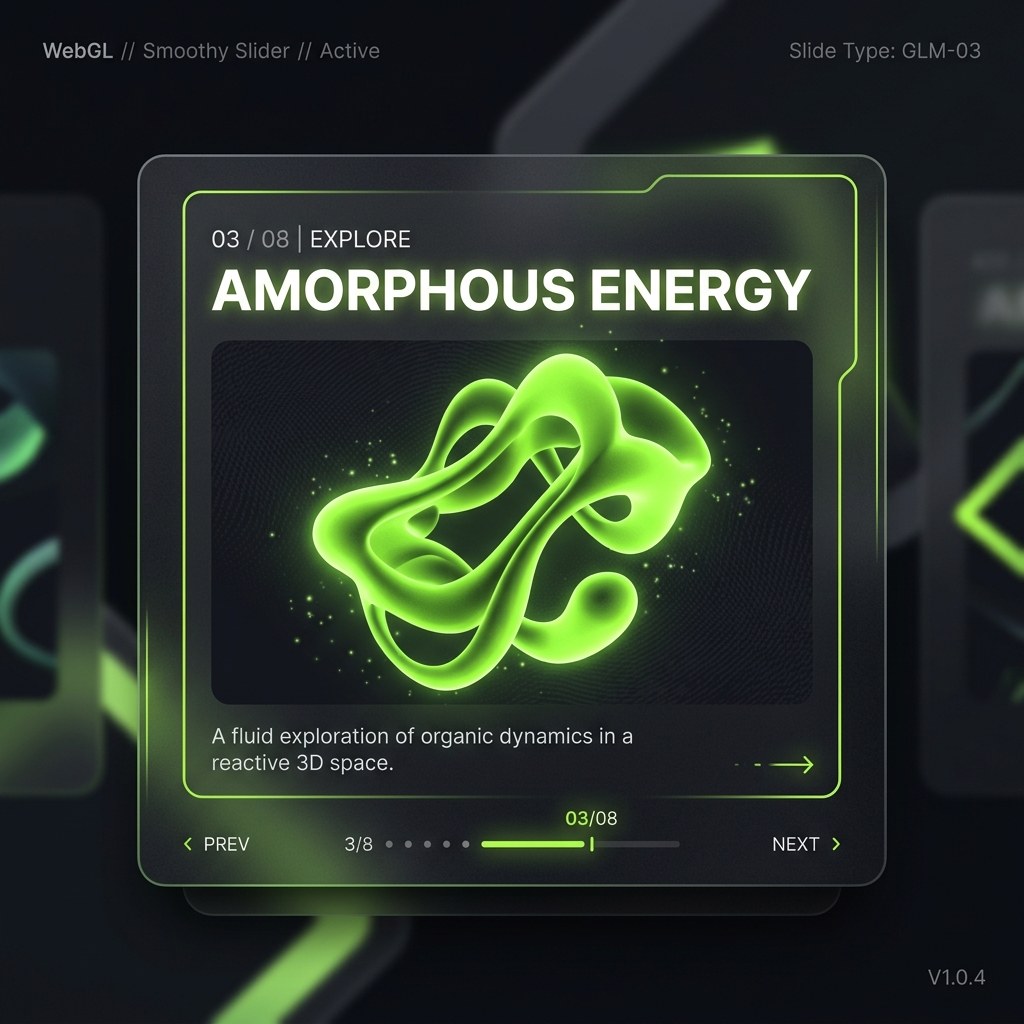 A single slide card from the Smooothy interactive carousel featuring bold typography and organic floating neon-green — graphic design by Federico Valla
