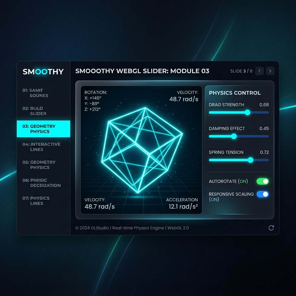 Physics control panel mockup for the Smooothy slider showing drag strength, damping effects, and spring tension — graphic design by Federico Valla