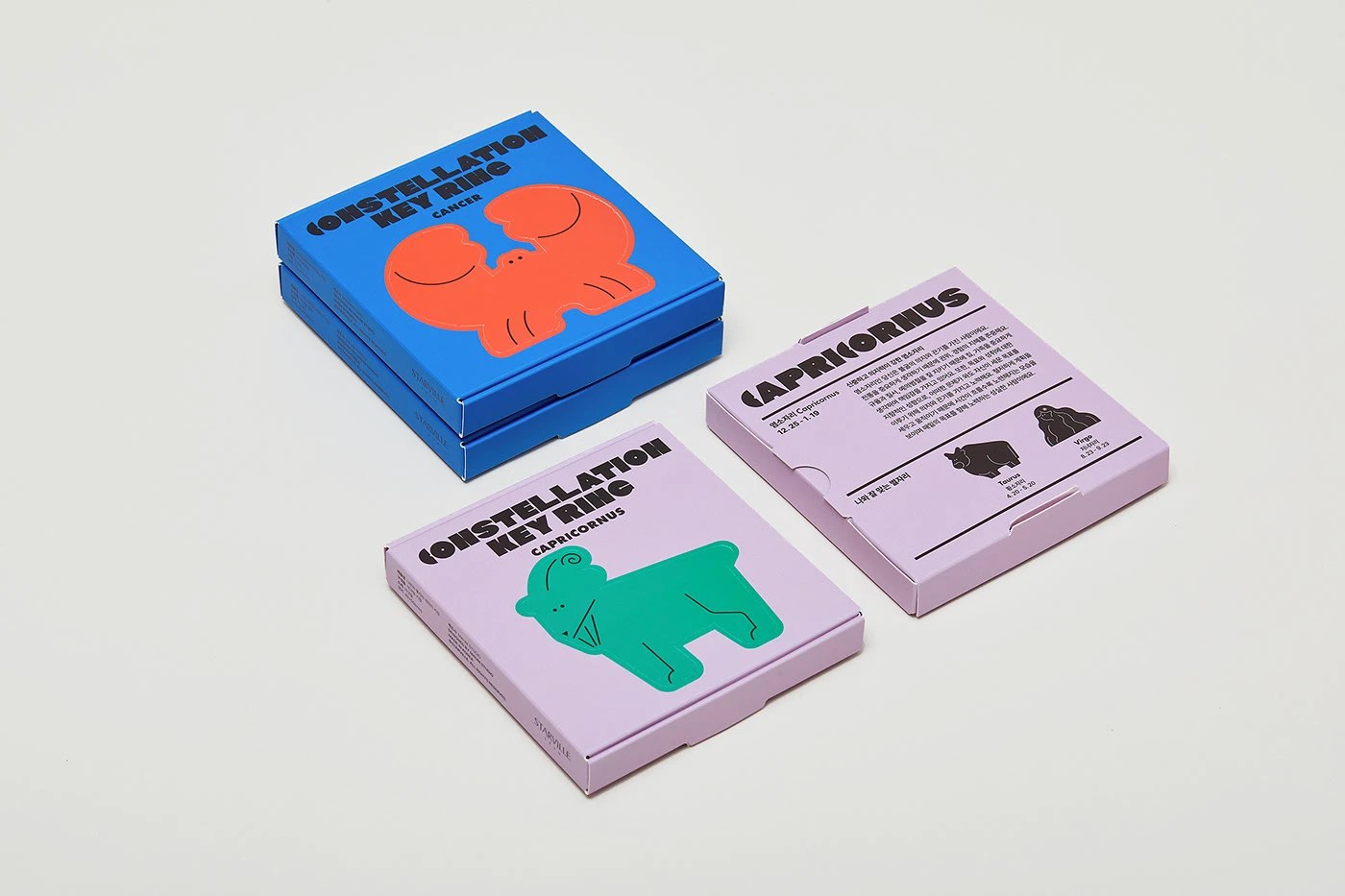 Starville constellation packaging design — Cancer and Capricorn boxes with inner card