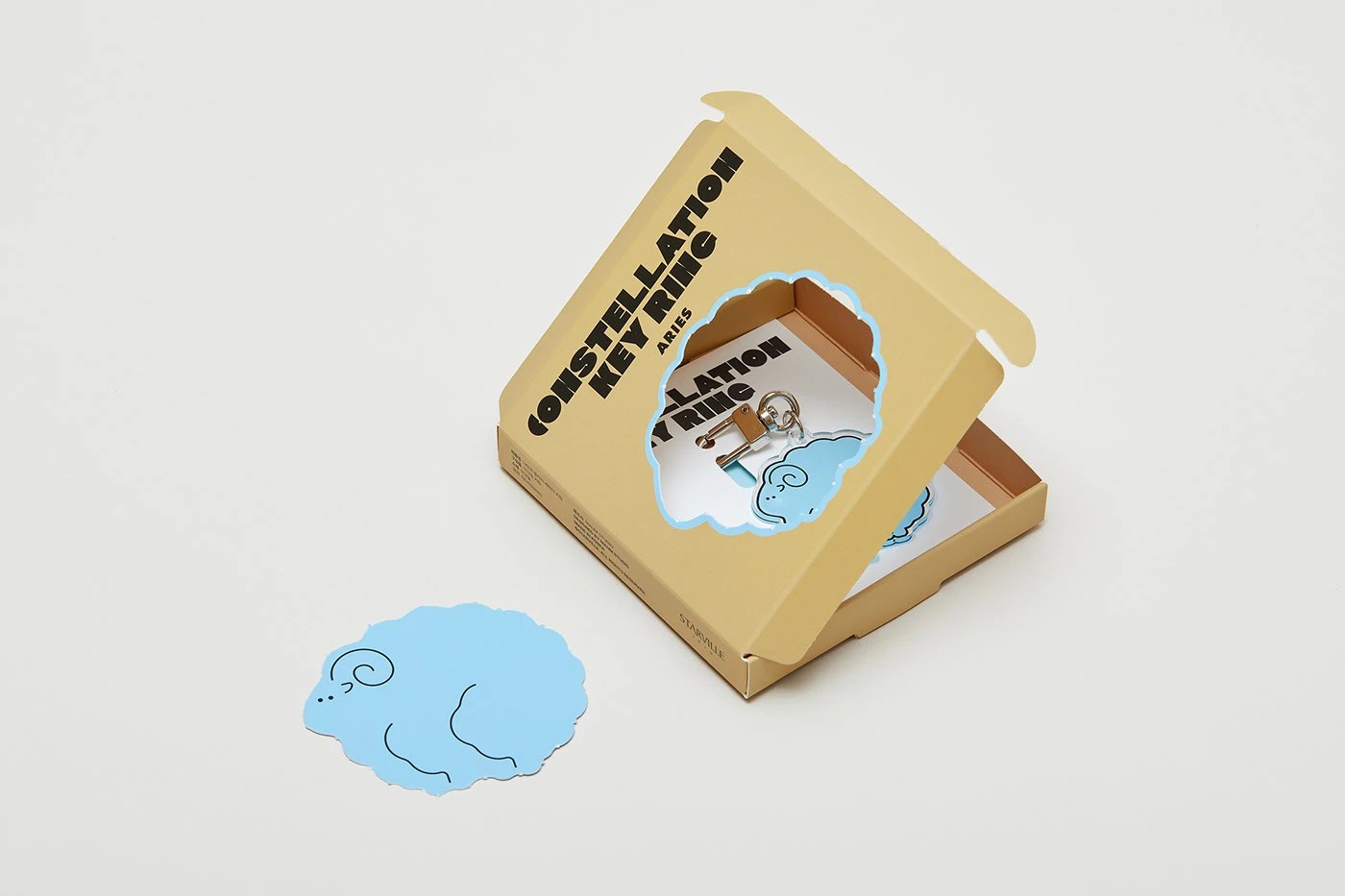 Constellation packaging design — Aries kraft box with die-cut sticker and acrylic keyring