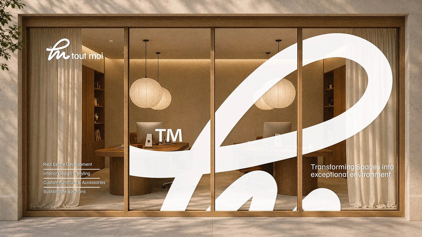 real estate brand identity TM monogram silk-screened across office glazing at architectural scale