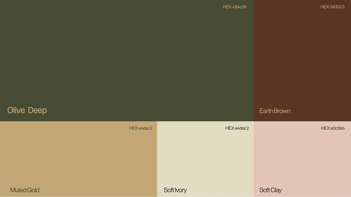 real estate brand identity five-color palette Olive Deep Earth Brown Muted Gold Soft Clay