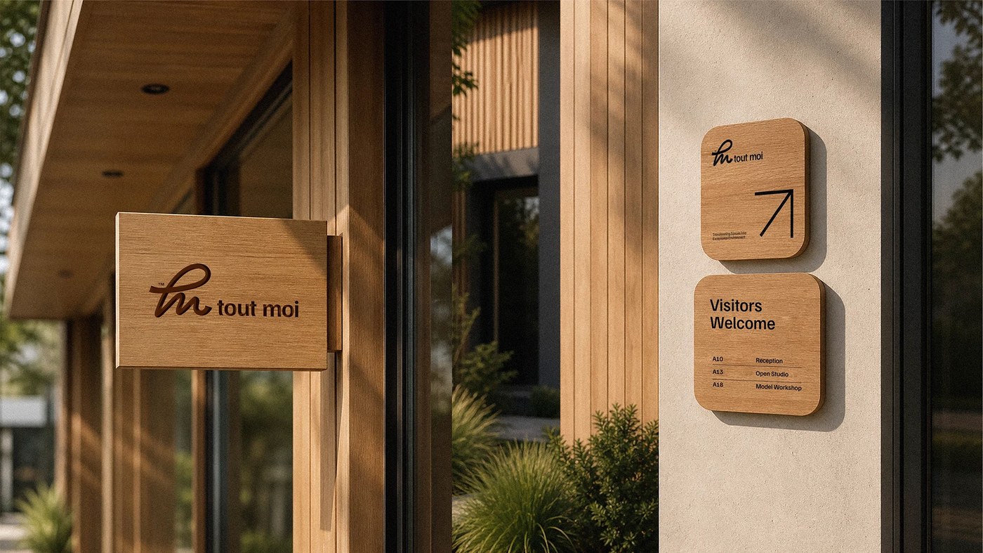 real estate brand identity exterior wayfinding square timber panels with routed logo lockup