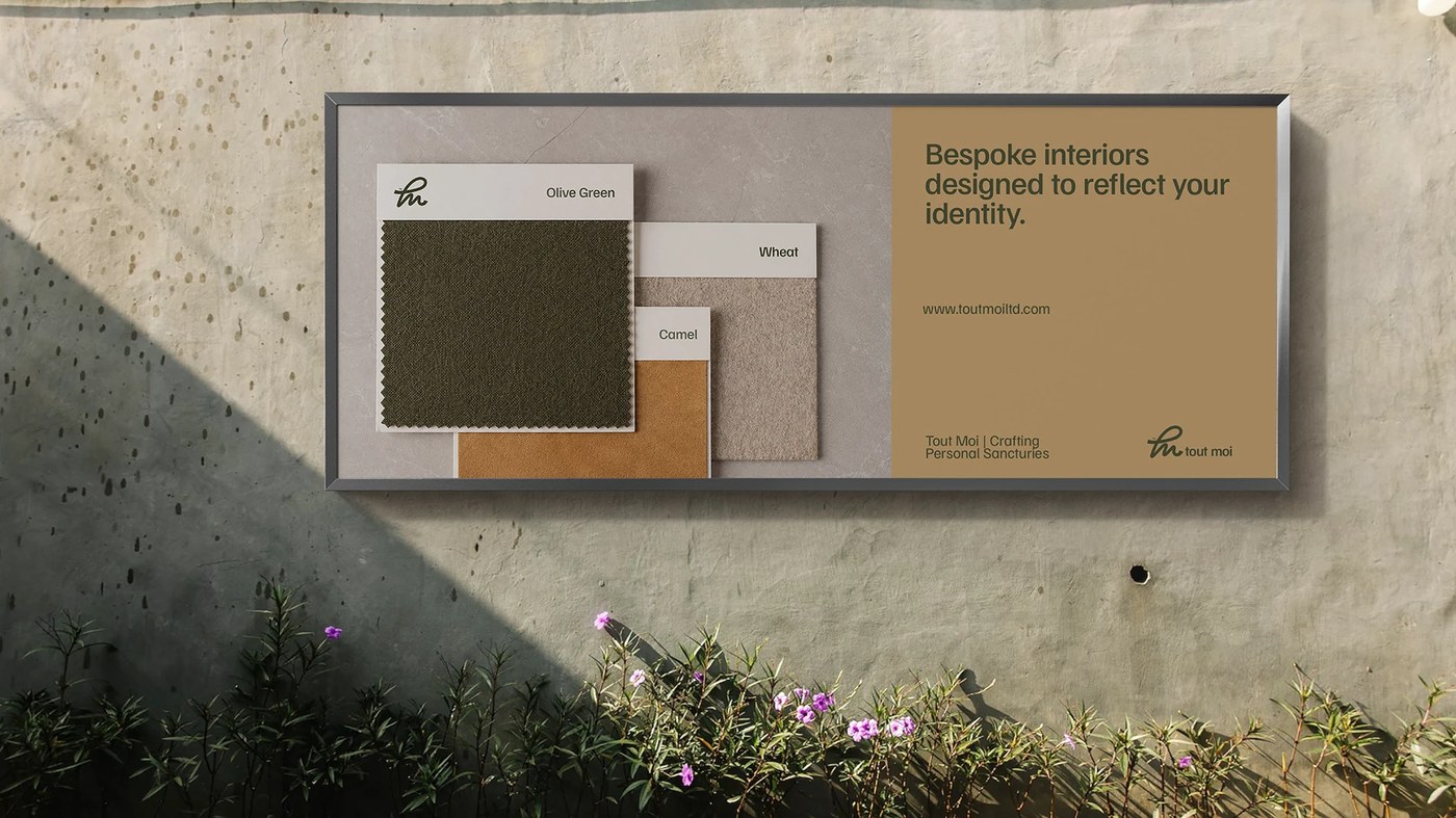 real estate brand identity outdoor billboard with physical fabric swatches Olive Green Wheat Camel
