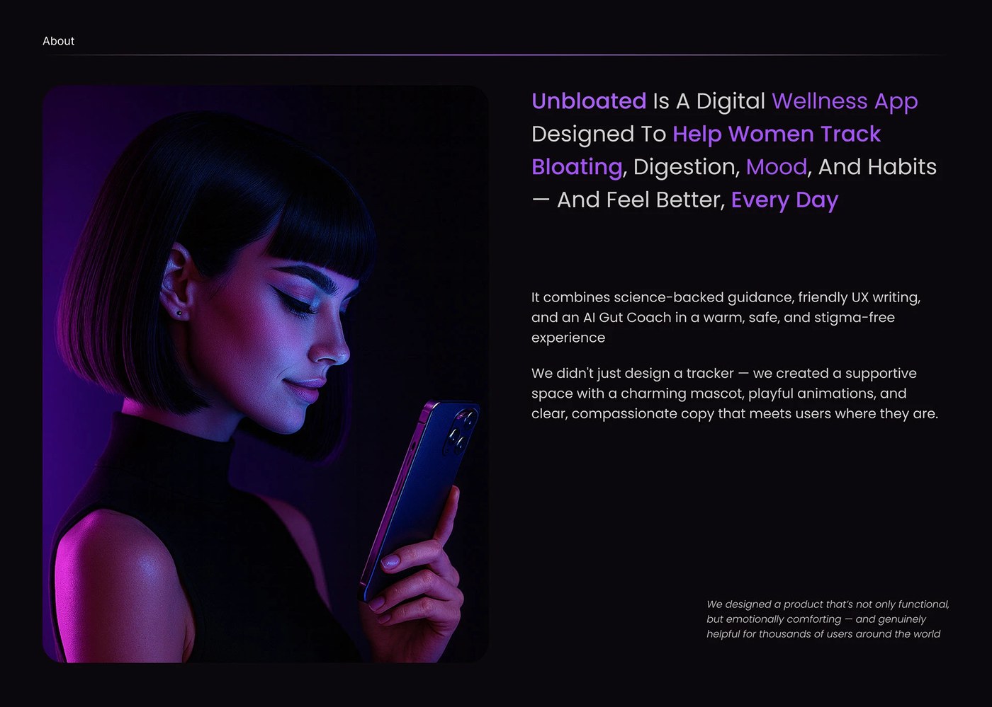Unbloated wellness app design onboarding screens dark theme