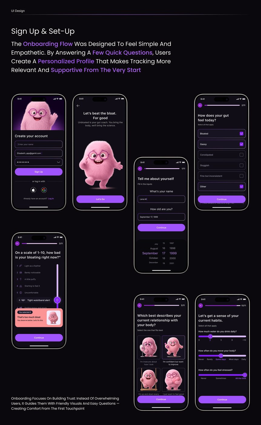 Unbloated wellness app design typography and UI detail