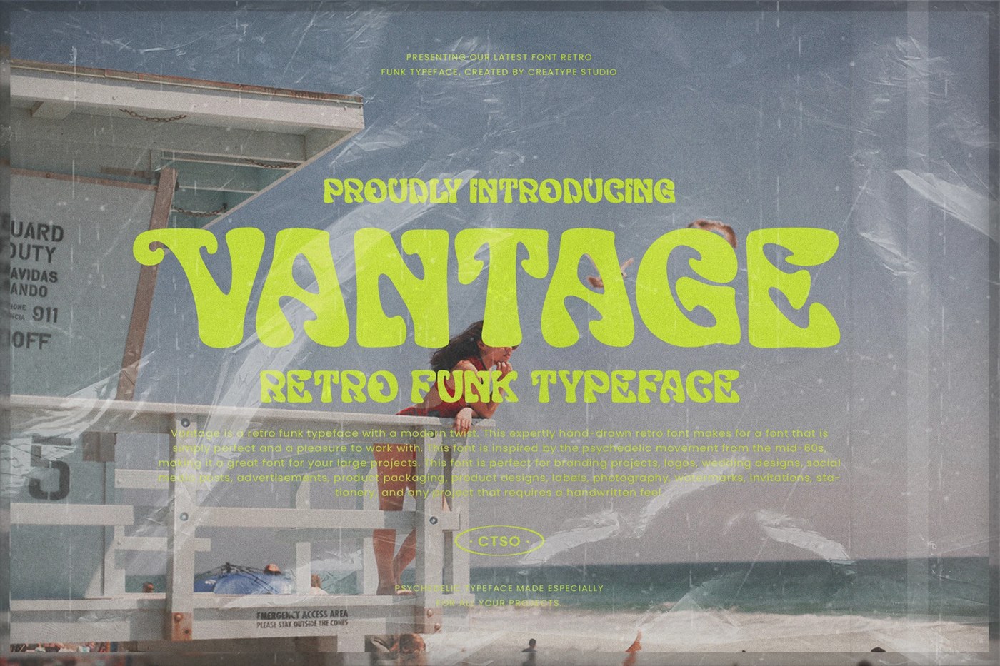 Outdoor mockup showcasing the Vantage free font in a retro style.