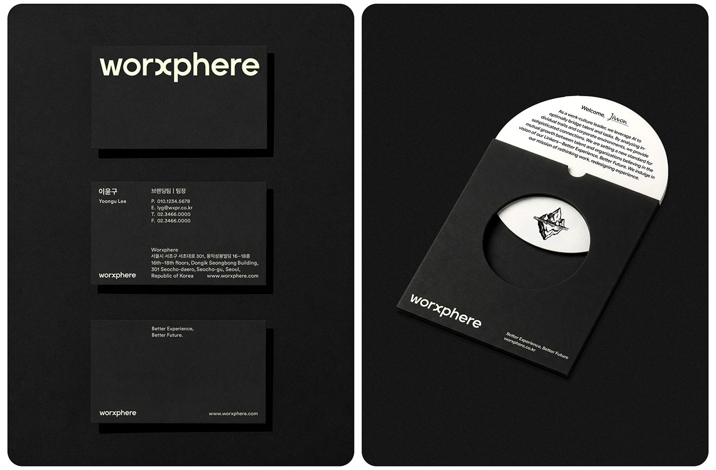 Worxphere brand identity black collateral flat-lay notebook tote sphere
